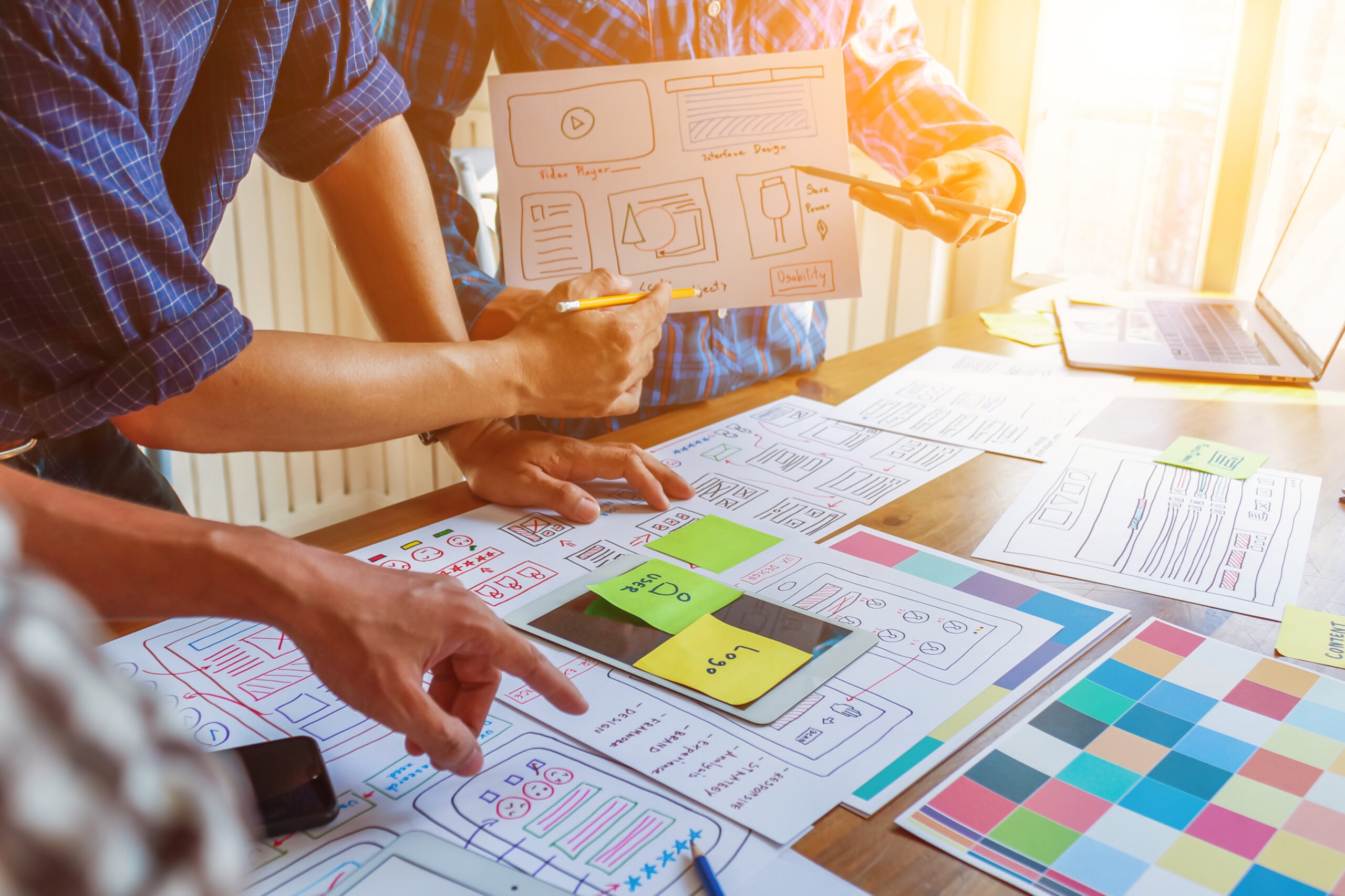 Soft Focus,A team of UI / UX web designers are working together to develop a mobile responsive website with UI UX Front End Designer Previewing. Positional